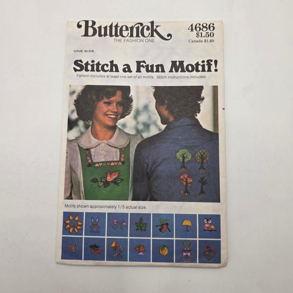 Butterick 4686 Embroidery Transfer Pattern Vintage 70s Motifs Animals Floral DIY